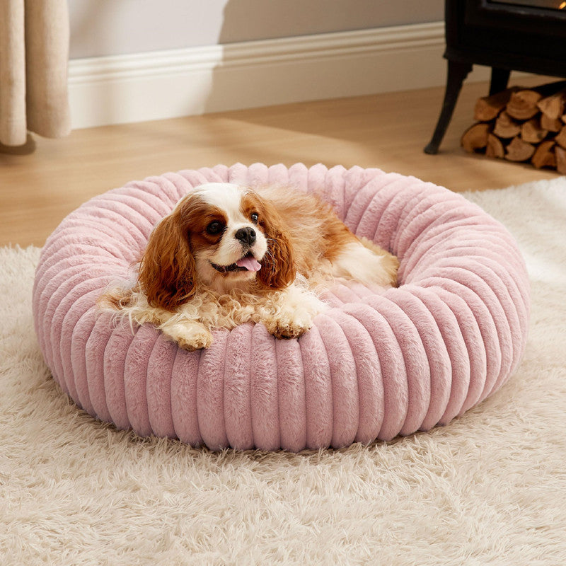 Plush Round Winter Pet Bed Vertical Stripe Warm Fur Nest