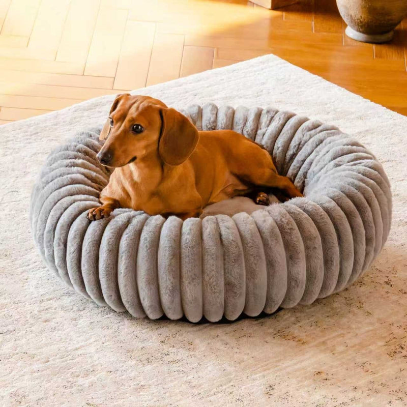 Plush Round Winter Pet Bed Vertical Stripe Warm Fur Nest