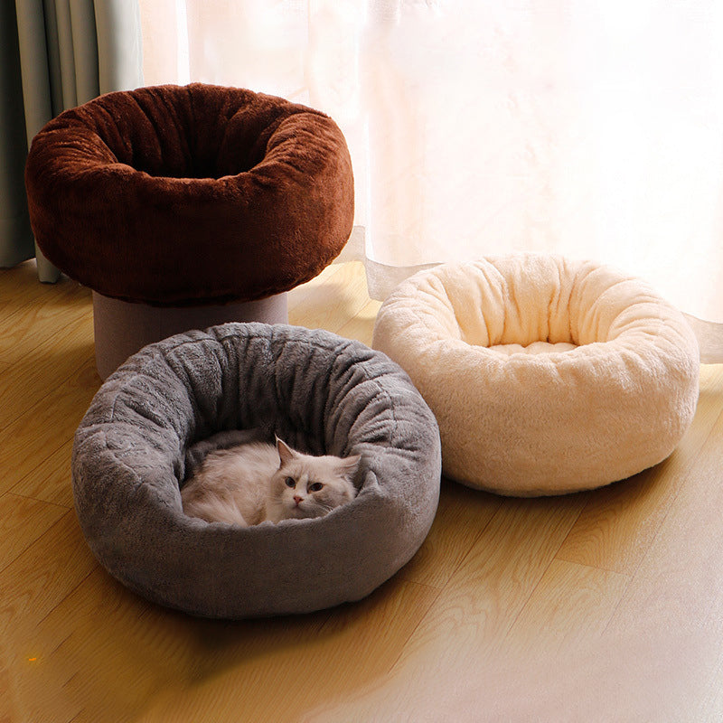 Pet Donut Bed Long Plush Round Warm Cushion Mat