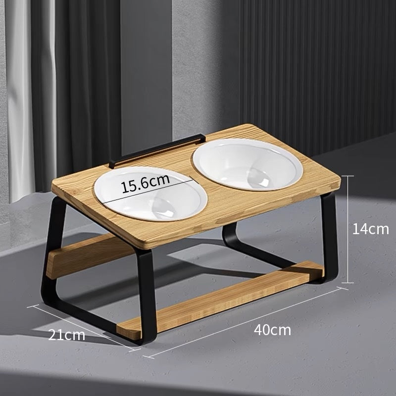 Ceramic Double Bowl Pet Feeding Bowl Neck Protection Holder