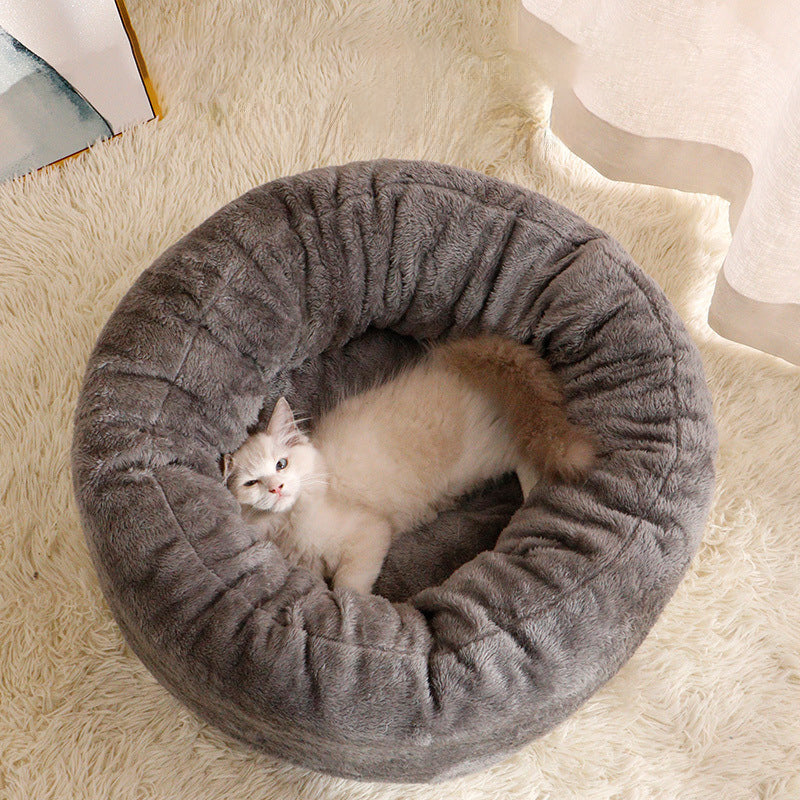Pet Donut Bed Long Plush Round Warm Cushion Mat