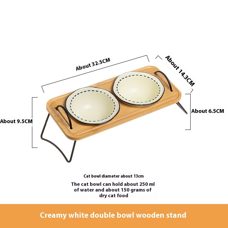 Pet Wooden Rack Multi Functional Ceramic Feeding Bowl Anti Tumble Water Holder