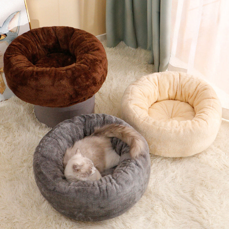 Pet Donut Bed Long Plush Round Warm Cushion Mat