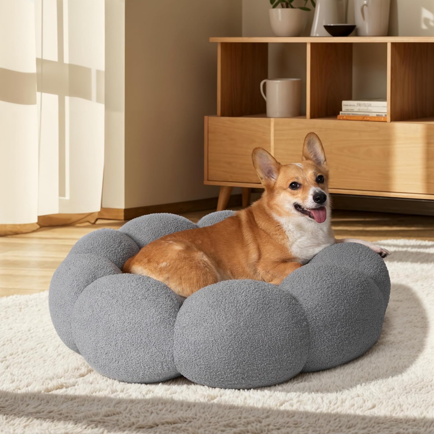 Calming Fluffy Flower Plush Round Pet Bed Soft Donut Cuddler Non Slip Washable Nest