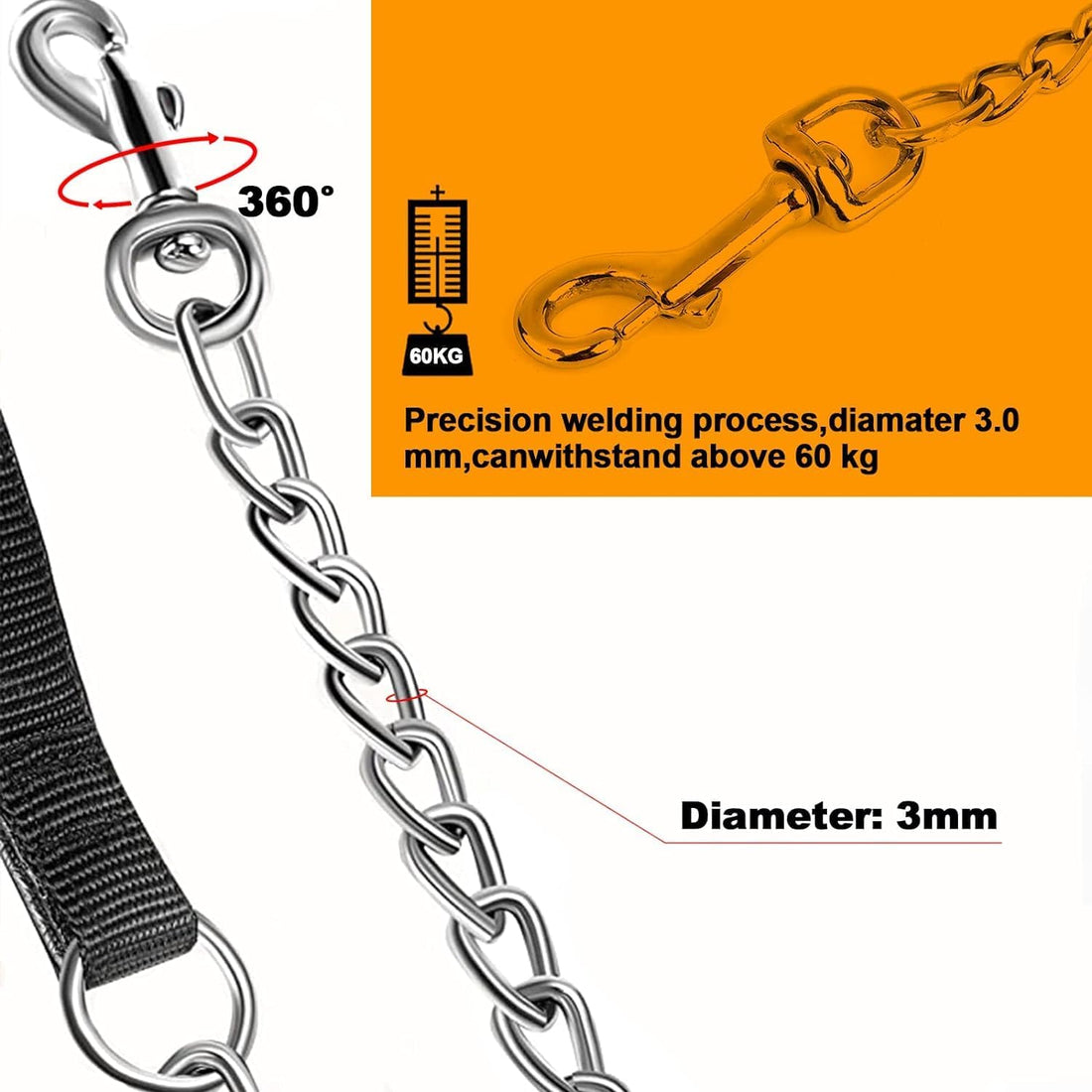 Heavy Duty Chew Proof Pet Leash Chain With Padded Handle