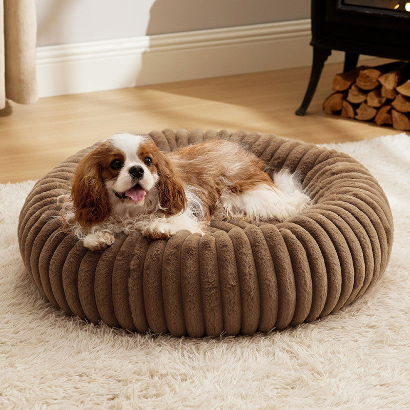 Plush Round Winter Pet Bed Vertical Stripe Warm Fur Nest
