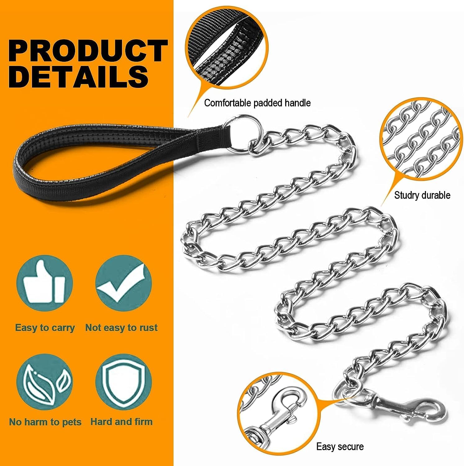 Heavy Duty Chew Proof Pet Leash Chain With Padded Handle