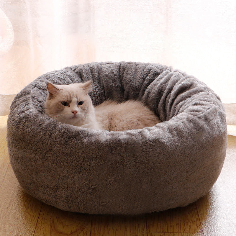 Pet Donut Bed Long Plush Round Warm Cushion Mat