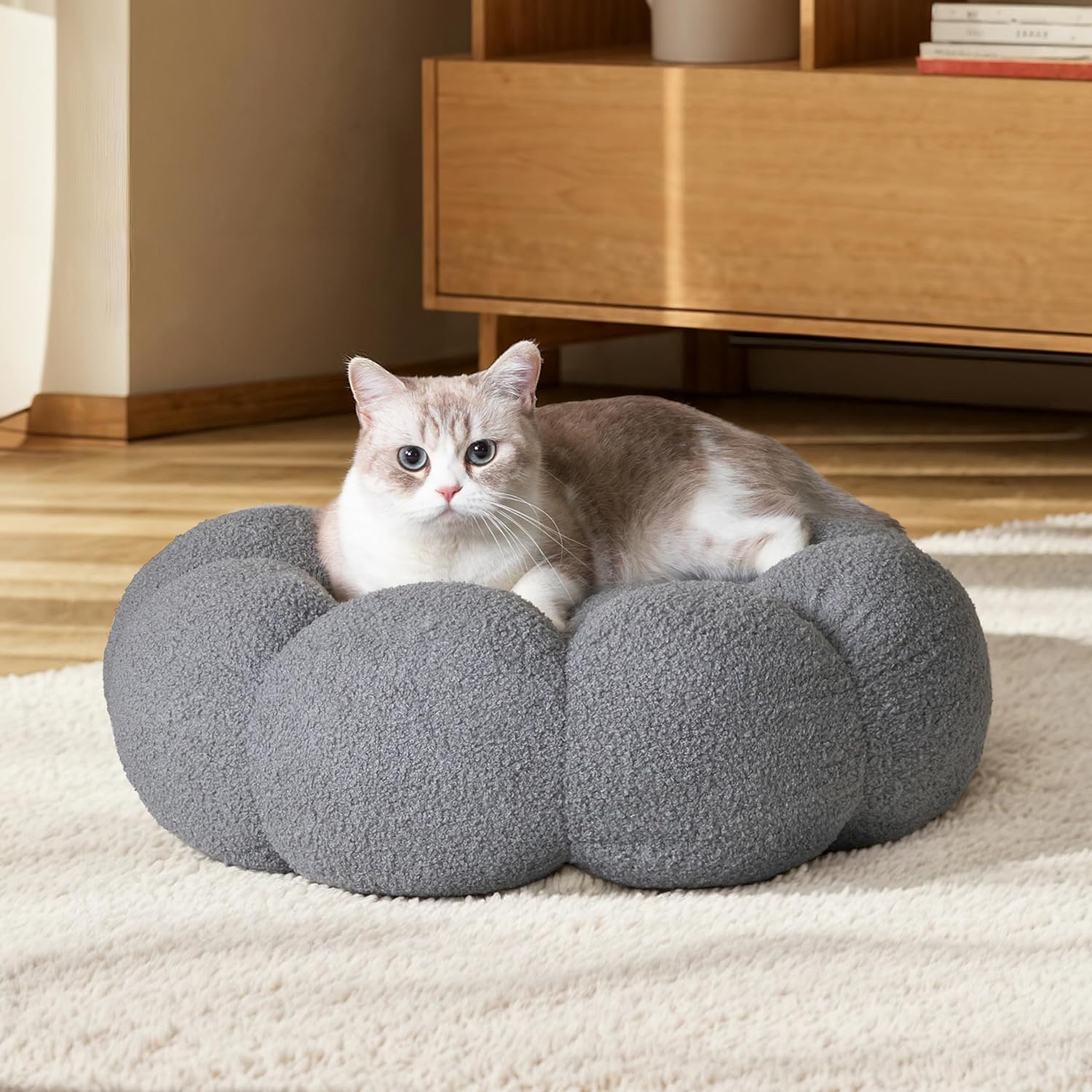 Calming Fluffy Flower Plush Round Pet Bed Soft Donut Cuddler Non Slip Washable Nest