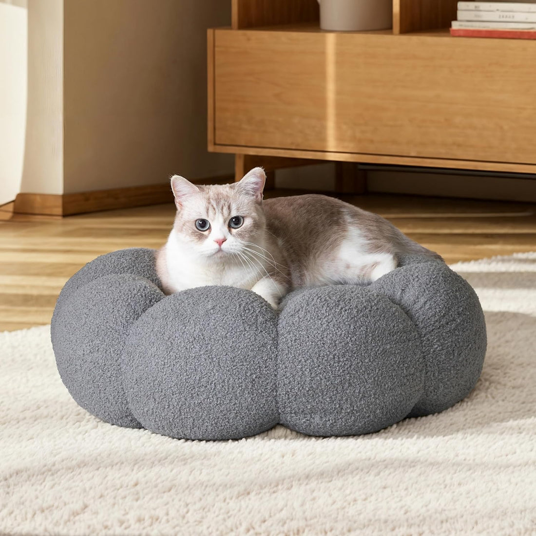 Calming Fluffy Flower Plush Round Pet Bed Soft Donut Cuddler Non Slip Washable Nest